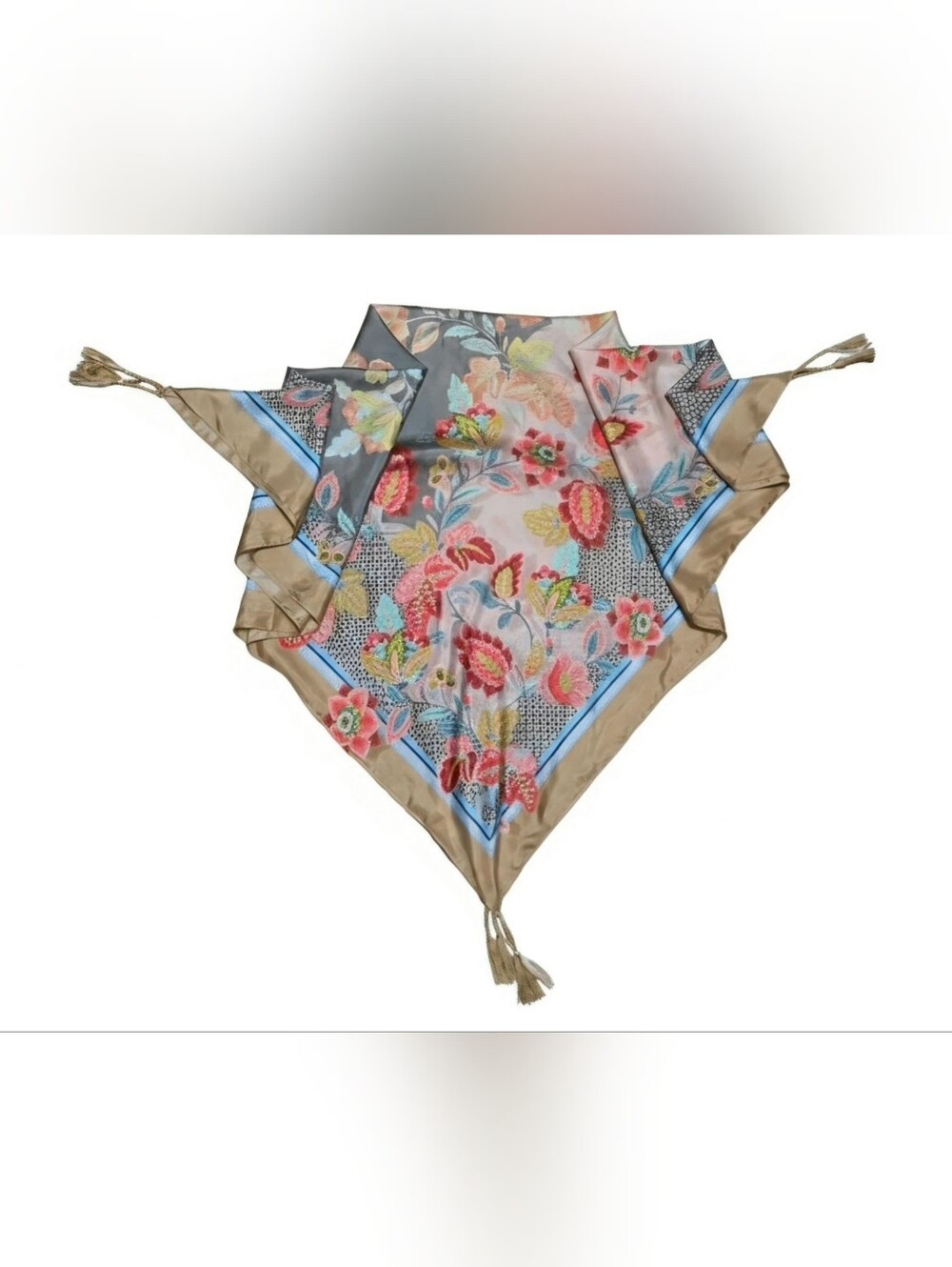 Johnny Was 100% Silk Floral Tassel Scarf Wrap 42" x 42" Boho Luxe